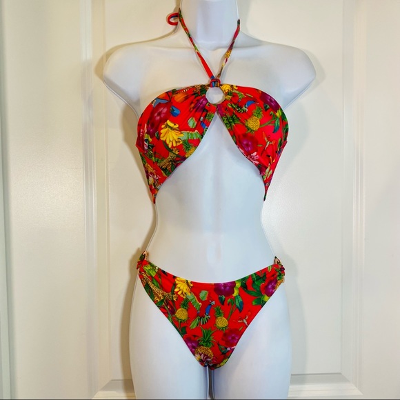Hot Coral Pink Tropical Print 2 pc Bathing Suit 8 - Picture 1 of 14